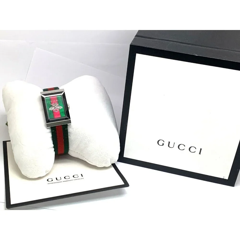 Gucci Women's Watch YA147408 G-Frame Green Red Dial Swiss Quartz Tank Nylon Band